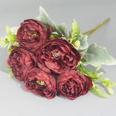 Букет роз пионовидных с папоротником 5 голов 30 см ткань бордовый (1шт)