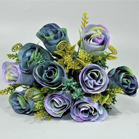 Букет роз с кермеком и завитками h33см ткань сине-сиреневый (447)