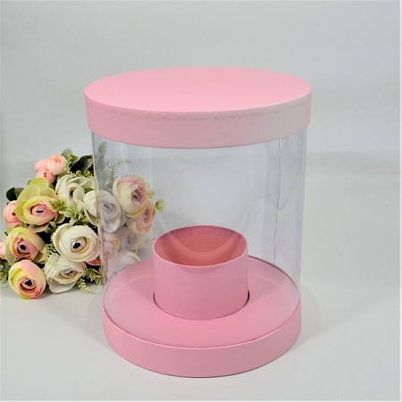 Коробка прозрачная самосборная круглая 21,5х26см картон/пластик розовая (1шт)