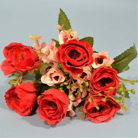 Букет роз двухцветных h34см ткань красно-персиковая (483)