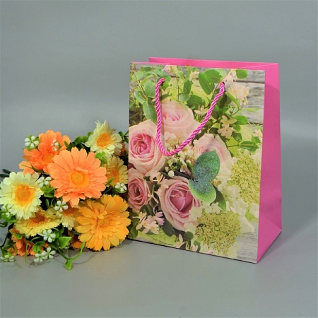 Пакет подарочный 18х10х23см картон розовый "Розы" (1шт)