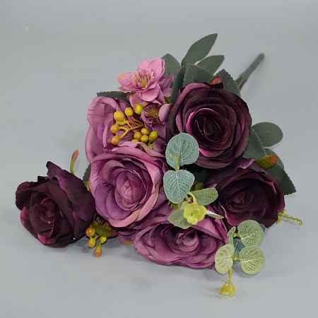 Букет роз двухцветных ткань пурпурный h53 см -К20-8 (1шт)