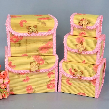 Шкатулка бамбуковая набор 5 в1 розовый с рисунком (1наб)