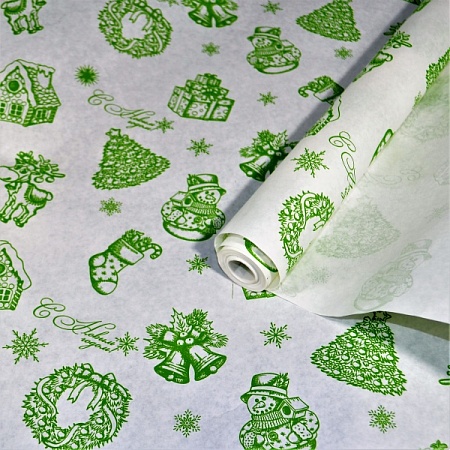 Бумага крафт для упаковки 70см х 420гр в рулоне  Новогодний зелёный