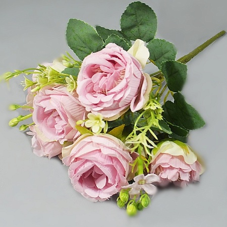 Букет роз пионовидных 7 голов с лютиком  h30см ткань розовый (1шт)