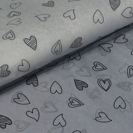 Бумага тишью 50х70см с рисунком чёрное сердце 1,5 см серое(1 уп)