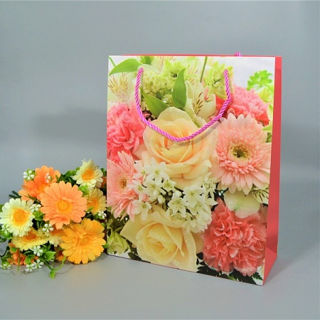 Пакет подарочный 26х10х32см картон коралловый "розы с ромашками" (1шт) 