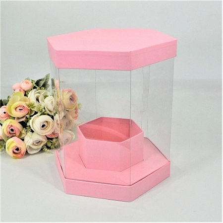 Коробка прозрачная самосборная шестигранная  21х26см картон/пластик розовая (1шт)