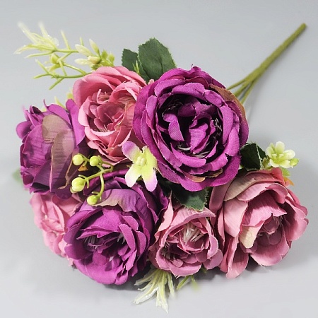 Букет роз пионовидных 7 голов с лютиком  h30см ткань розово-бордовый(1шт)