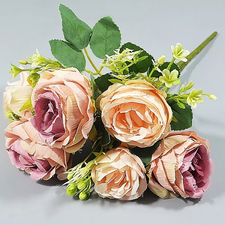 Букет роз пионовидных 7 голов с лютиком  h30см ткань розово-персиковый (1шт)
