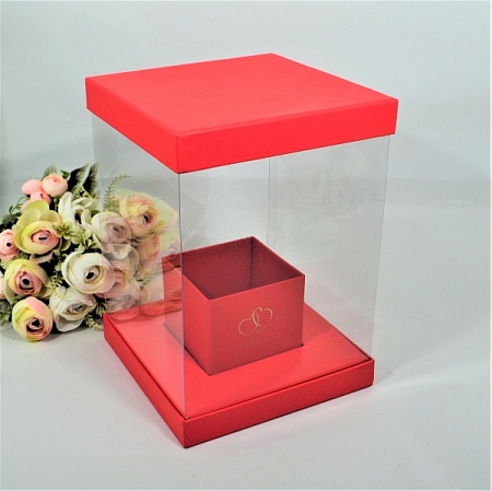 Коробка прозрачная самосборная квадратная 19,5х19,5см картон/пластик красная (1шт)