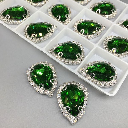 Стразы в Цапах пришивные "капля" 2,4х1,8см стекло зелёные-серебро (15шт)