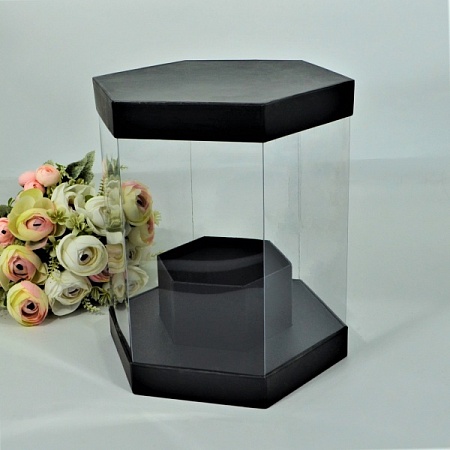 Коробка прозрачная самосборная шестигранная  21х26см картон/пластик чёрная (1шт)