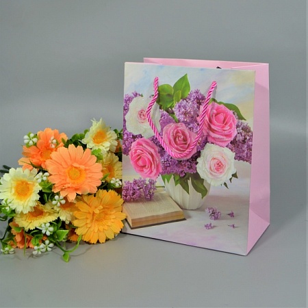 Пакет подарочный 18х10х23см картон розовый "Розы в вазе" (1шт)