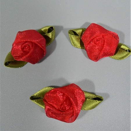 Роза с листиком 3х1,8см лента органза красная (30шт)