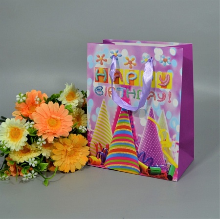 Пакет подарочный 18х10х23см картон фиолетовый "Heppy Birthday" (1шт)
