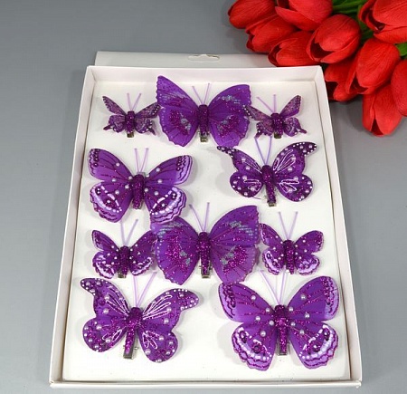 Набор бабочек на прищепке блестящий  перо фиолетовый  (10шт) 