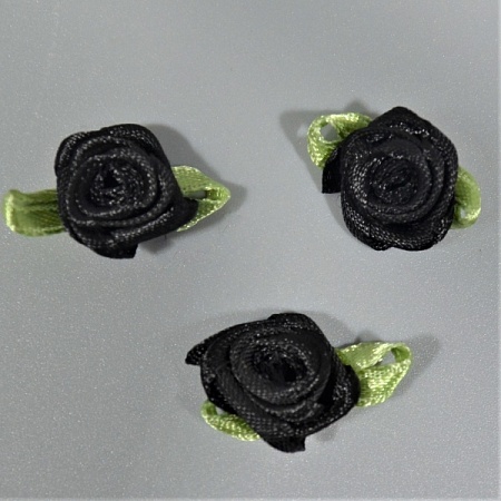 Роза с листиками 1,5х2,5см лента атлас чёрная (100шт)