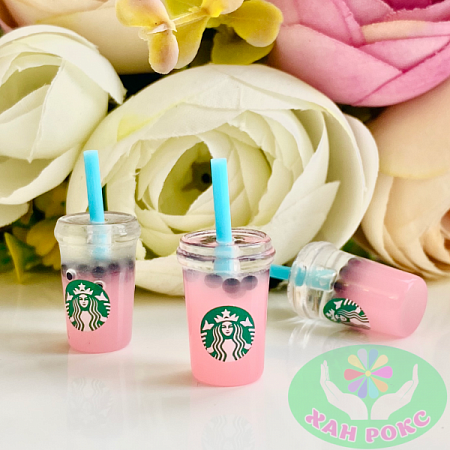 Стаканчик коктейль с трубочкой Starbucks 32мм пластик розовый (10шт)