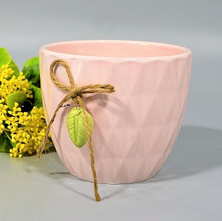 Кашпо круглое 11,5х9,5х7см рифленое с листиком керамика розовое (1шт)