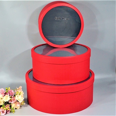 Набор коробок 3 в 1 круглые  с прозрачной крышкой  картон красный (1 шт)