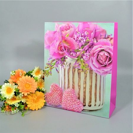 Пакет подарочный 26х10х32см картон розовый "букет в вазе" (1шт)