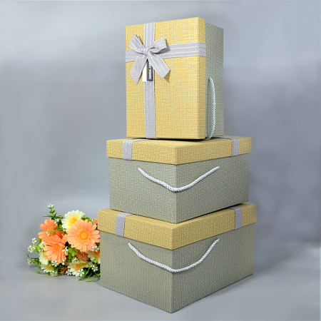 Набор коробок 3 в1 картон прямоугольный с бантом высокий горчично-серый