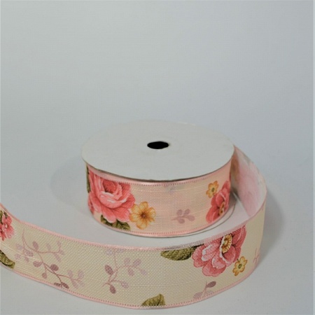 Лента 4смх18м ткань с цветами нежно-розовый (1шт)