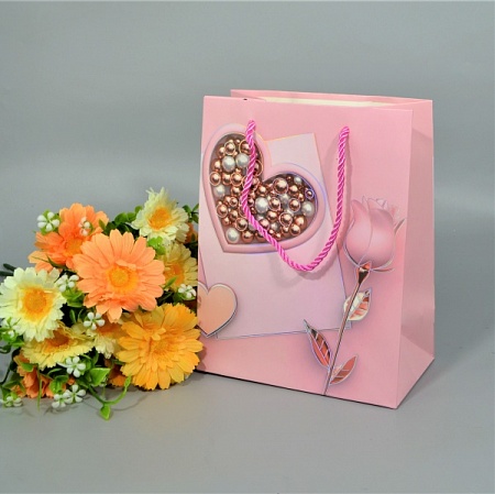 Пакет подарочный 18х10х23см картон розовый "Сердце и роза" (1шт)