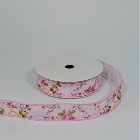 Лента ткань 2,5смх18м ткань с пионами розовый (1шт)