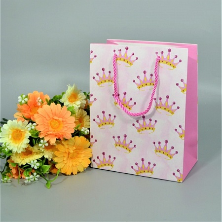 Пакет подарочный 18х10х23см картон розовый "Короны" (1шт)
