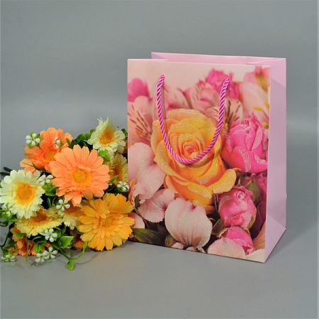 Пакет подарочный 18х10х23см картон розовый "Роза" (1шт)