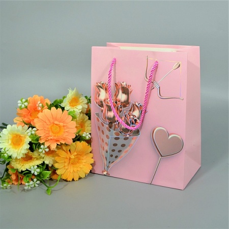 Пакет подарочный 18х10х23см картон розовый "Букет роз" (1шт)